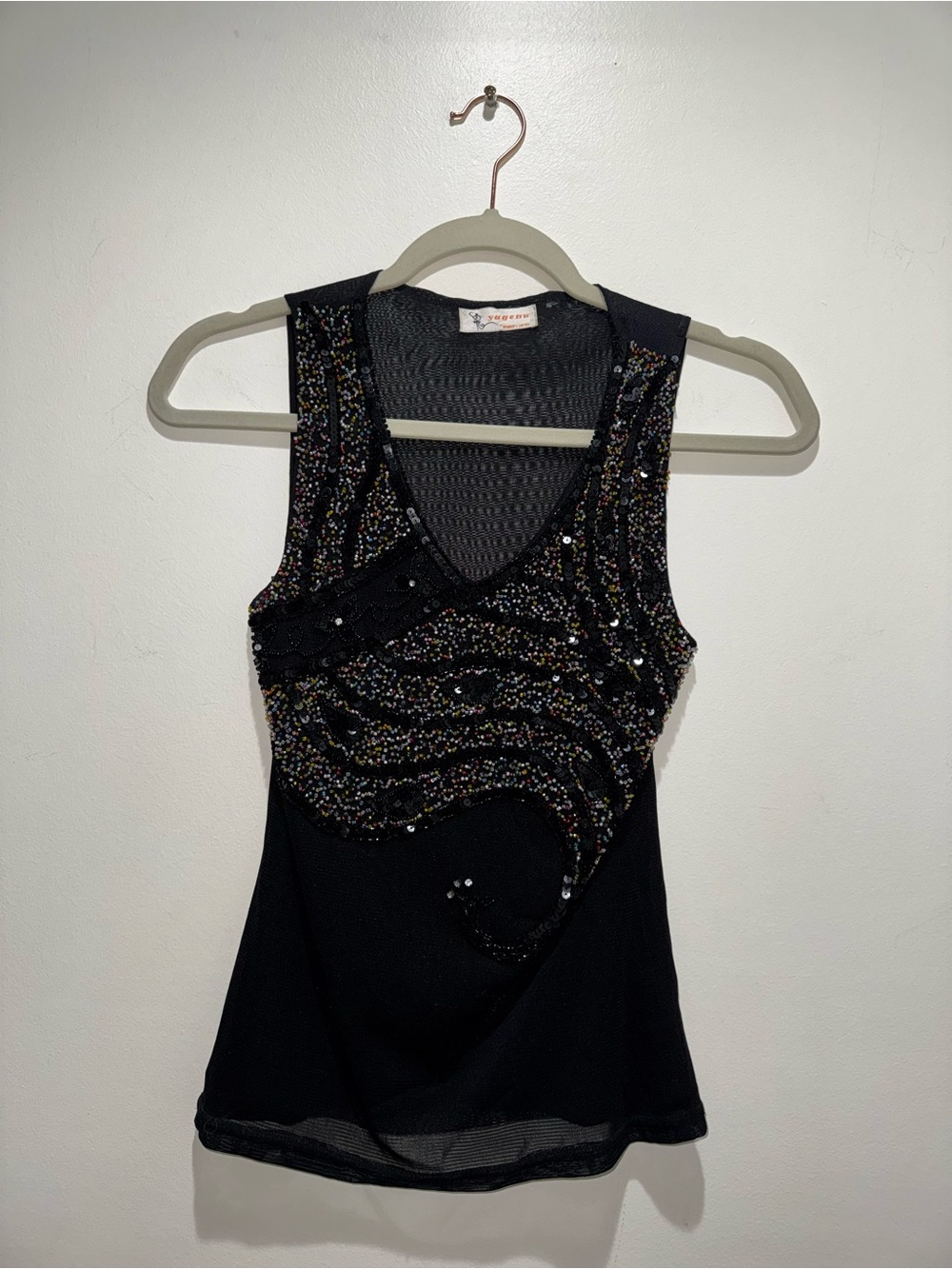 Yagenu Black Beaded Sequin Peacock Tank Top